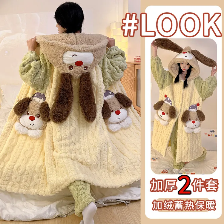 2025款睡袍女冬季2025年新款珊瑚绒卡通连帽中长款家居服套装加厚