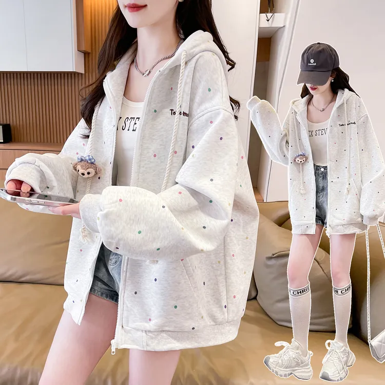 早秋外套女2025新款春秋季灰色宽松慵懒加厚休闲开衫上衣连帽卫衣