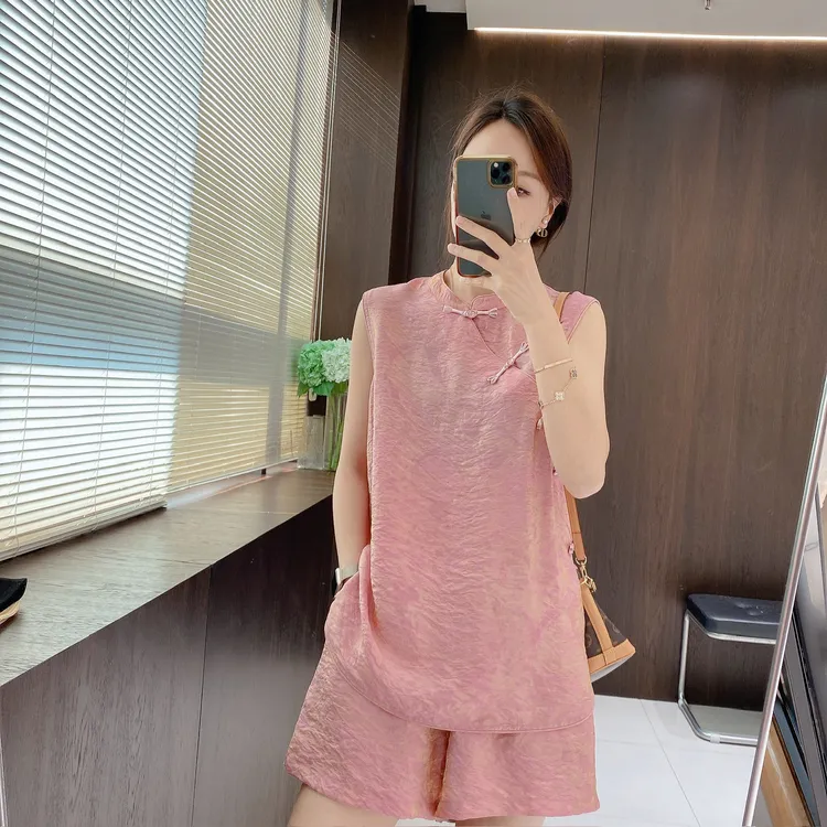 IMFLY金小金自制女装 套装DYW9531新中式暗纹盘扣上衣+短裤两件套