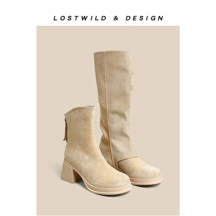 LOSTWILD2025新款短靴女可拆卸两穿长筒靴绒面秋冬女款厚底堆堆靴