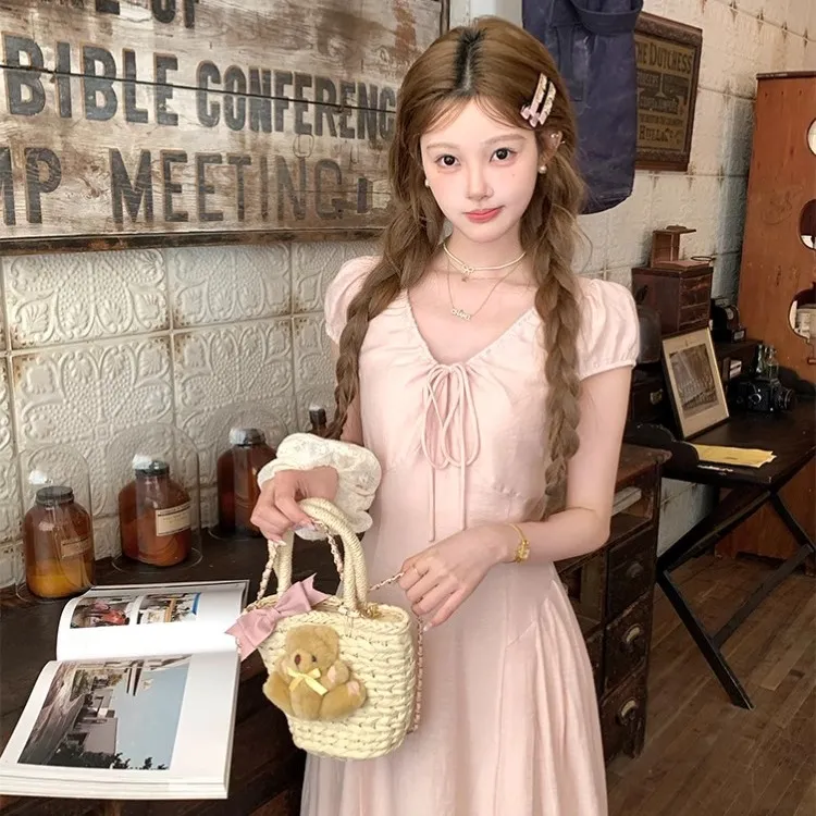 夏季新款高级感法式复古气质甜美风宽松型长款短袖a字连衣裙显瘦 