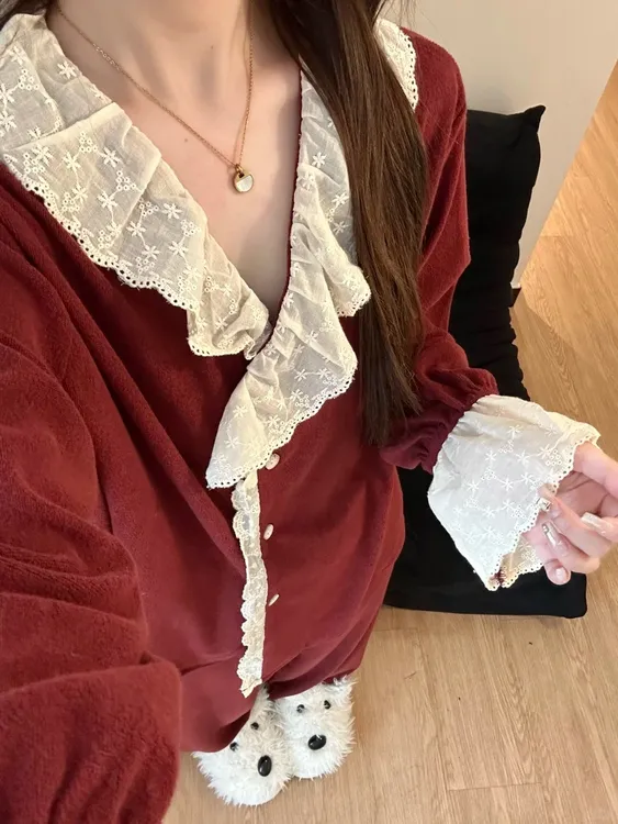 甜美简约花边纯色德绒睡衣女春秋季新款加绒加厚保暖家居服套装