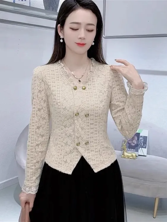 时尚T恤女士2025年早秋季新款蕾丝衫打底衫v领套头上衣小个子纯色