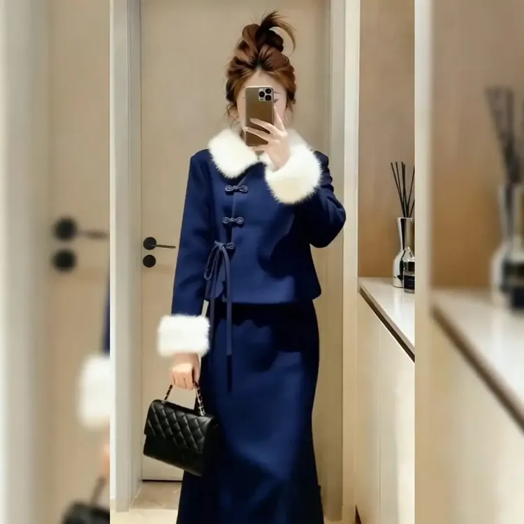 新中式大码胖mm新款女装外套秋冬季两件套上衣半身裙套装翻领气质