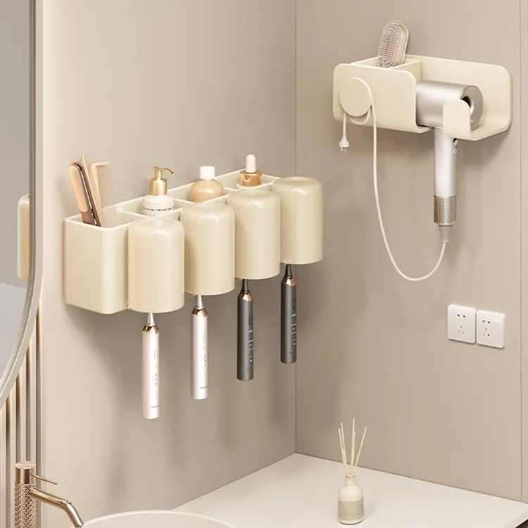 奶油风牙刷置物架免打孔枪灰卫生间漱口杯收纳壁挂式电动牙刷架子