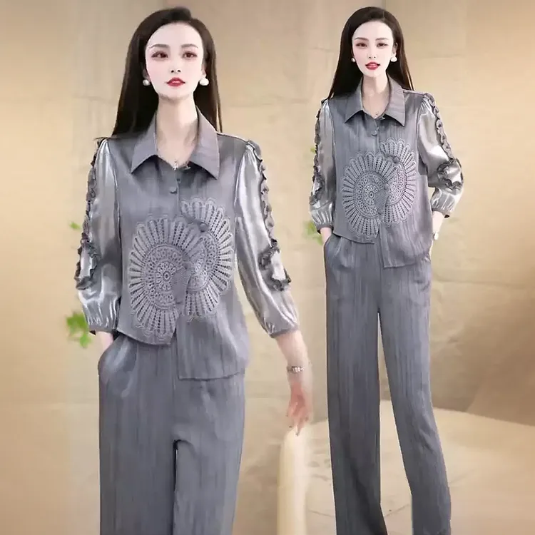 时尚套装女2025春季新款洋气显瘦减龄优雅上衣阔腿裤气质两件套潮