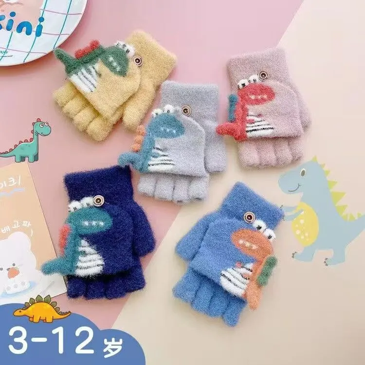 儿童手套冬季保暖男女公主宝宝半指翻盖手套可爱小孩学生写字卡通