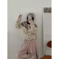 复古费尔岛撞色提花毛衣外套女秋冬新款宽松百搭洋气针织开衫2538