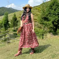 DC8297大码女装【风之舞者】民族波西米亚碎花裙秋季胖mm吊带连衣裙