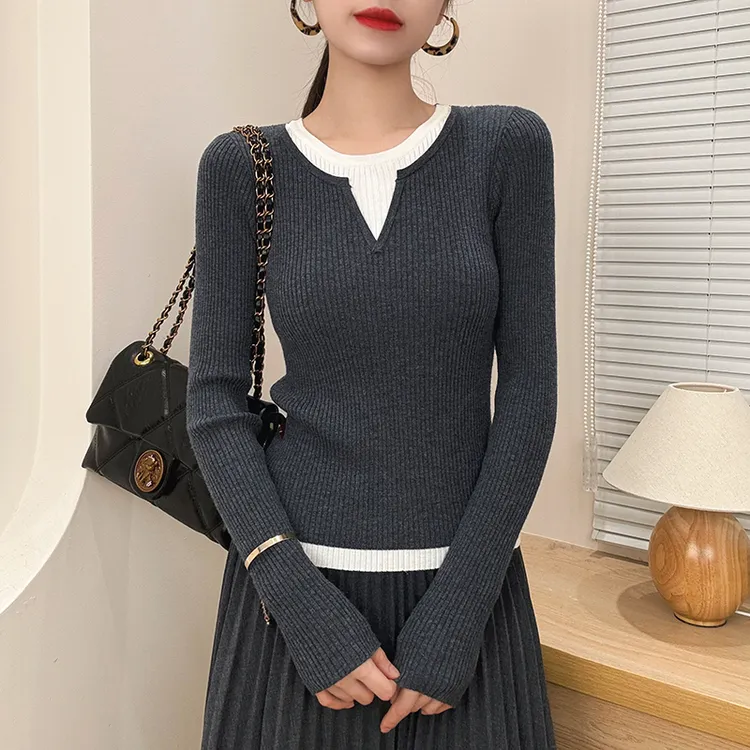 撞色假两件长袖针织衫女拼接秋冬独特气质圆领长袖打底衫上衣ins