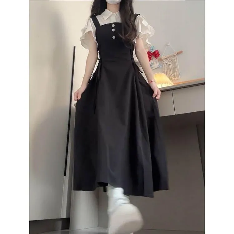 气质新款学院风复古连衣裙泡泡袖领衬衣收腰显瘦背带长裙子两件套