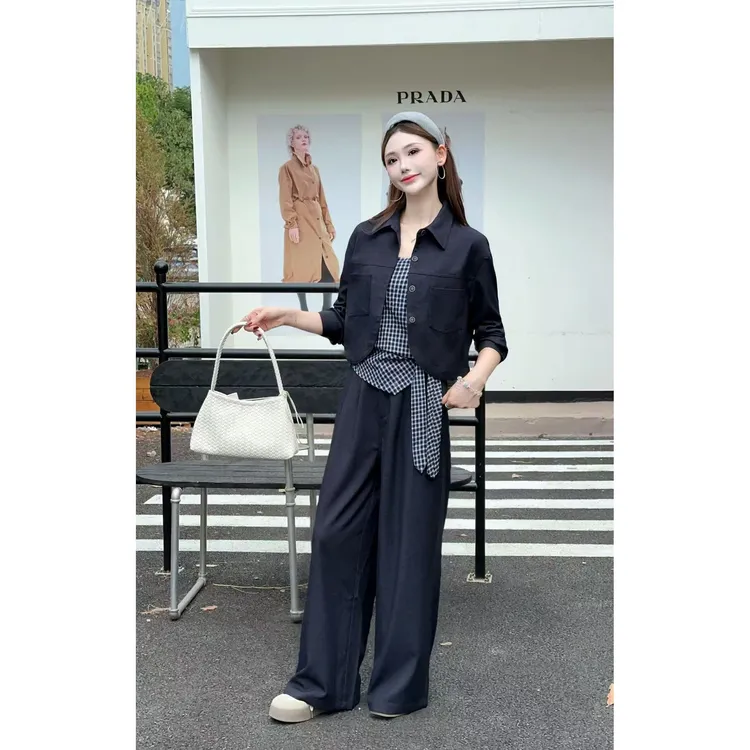老钱风格子牛仔吊带外套女2025秋款新款慵懒休闲裤三件套