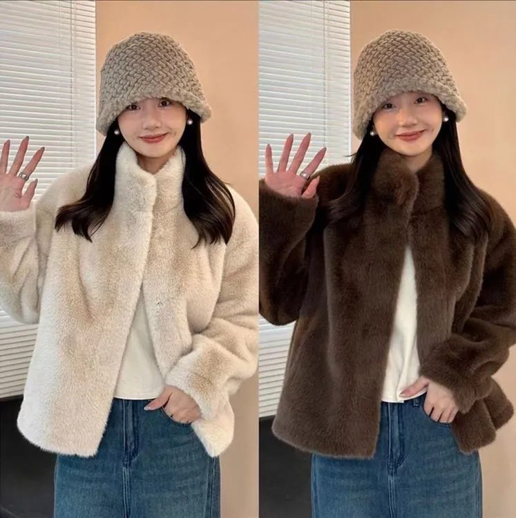 819新款反季皮毛一体草草高领小个子短款外套休闲宽松气质外套