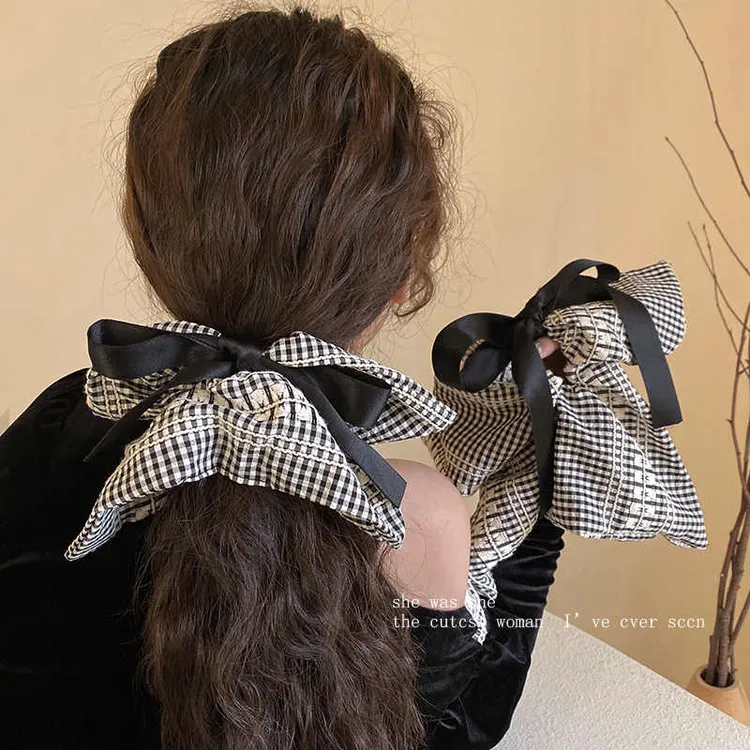 韩系蝴蝶结格子方巾发圈女高级感大肠发圈小众设计超大号头绳发饰
