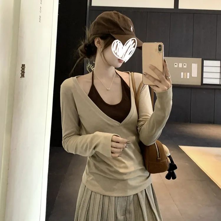 性感辣妹深v领长袖t恤罩衫女2025夏季新款内搭挂脖背心防晒薄上衣