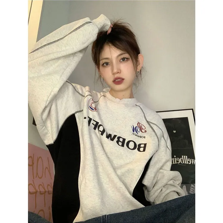 小众不撞款圆领套头卫衣女秋冬季美式运动风加绒加厚宽松长袖上衣
