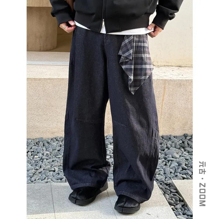 【元古】 14.5盎司水洗原牛牛仔裤 秋可拆卸方巾宽松阔腿弯刀裤男女