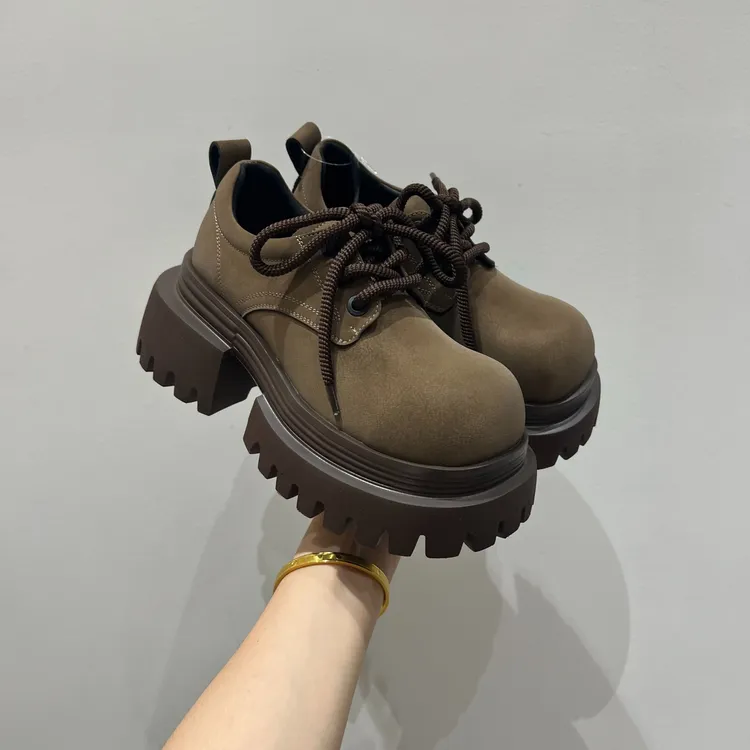 欧货磨砂大头小乐福鞋女2025秋冬新款厚底松糕增高7cm大头鞋