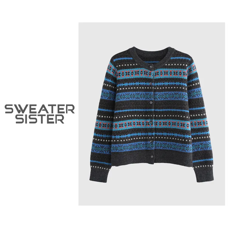 超火费尔岛风提花针织开衫蓝色系圆领羊毛毛衣外套219-3325