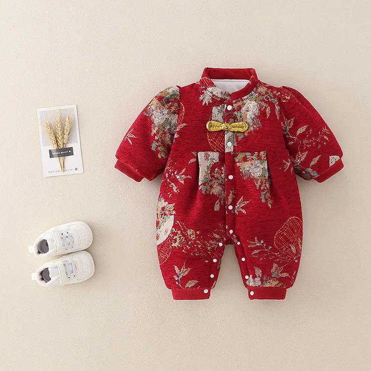 冬款加厚夹棉闭档连体衣红色哈衣婴儿宝宝满月百日宴童装衣服