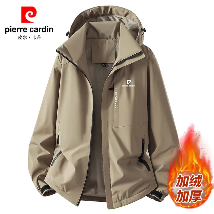 皮尔卡丹冲锋衣男士秋冬加绒加厚宽松大码户外登山服休闲夹克外套