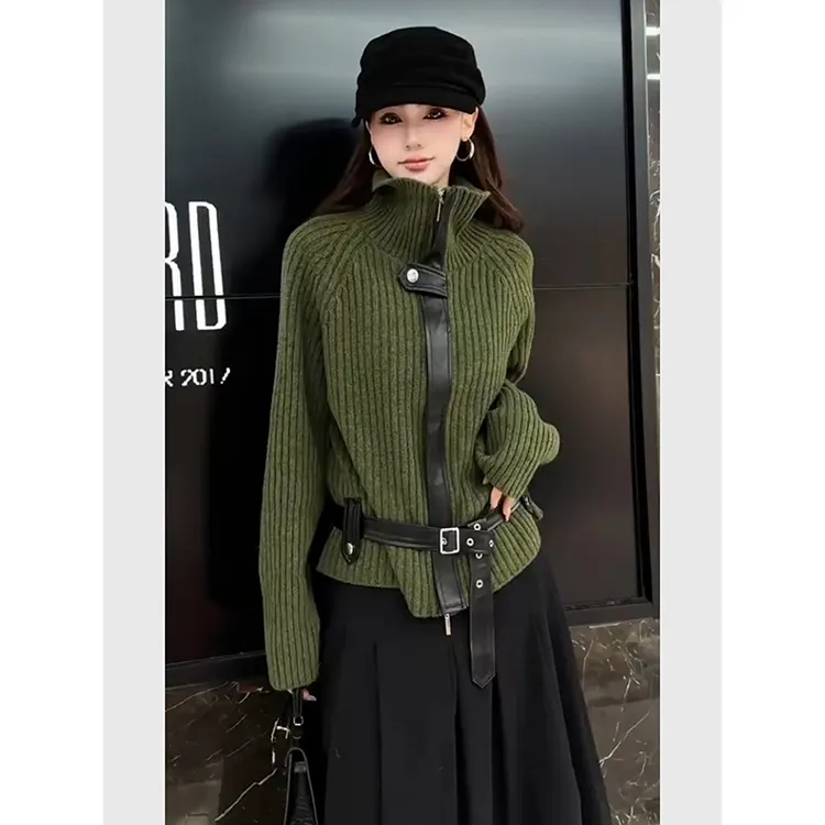 秋冬穿搭一整套韩式慵懒chic巨好看的绿色高领针织上衣半身裙套装