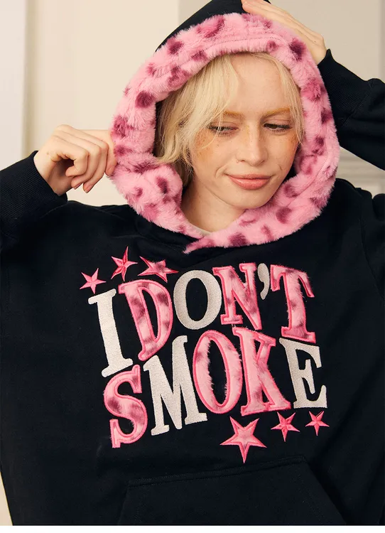 DONSMOKE豹纹星星贴布绣卫衣DSM秋冬毛绒连帽恒温加绒宽松上衣