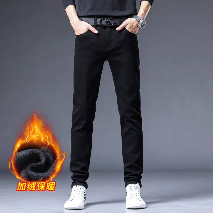 高端黑色加绒牛仔裤男时尚冬季潮牌修身小脚弹力百搭休闲男士裤子