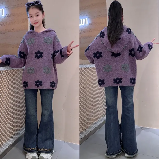 女童冬季时尚休闲V字花朵针织衫毛衣韩版加绒加厚牛仔裤套装