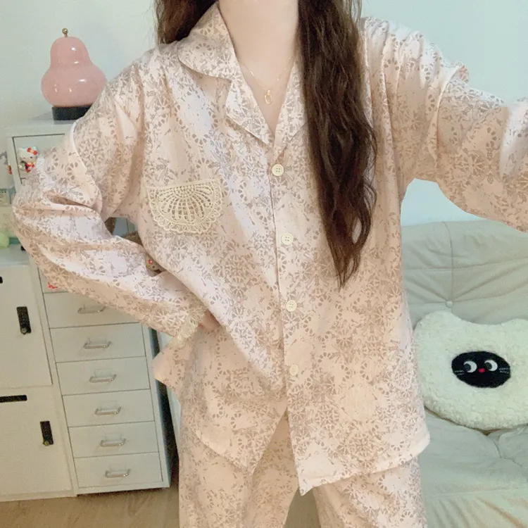ins韩系风长袖亲肤棉睡衣女2025新款春秋季甜美水墨画家居服套装 