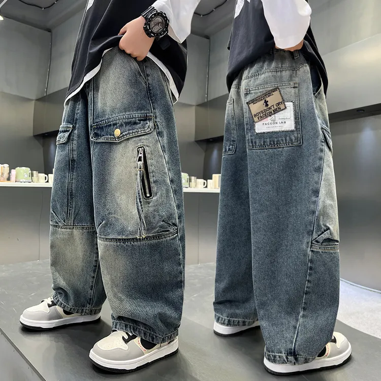 男童工装牛仔裤春秋款2025新款中大童潮版痞帅宽松阔腿裤炸街长裤