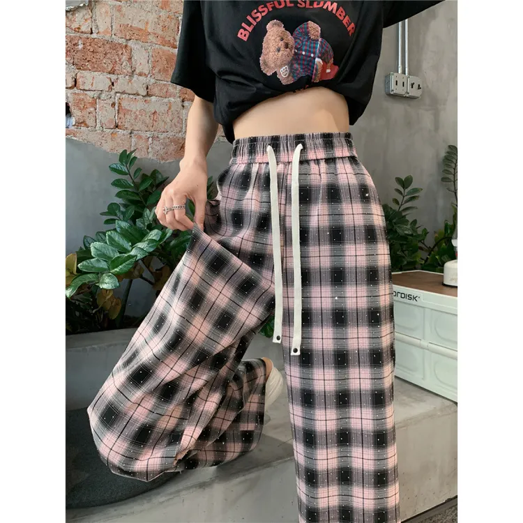 美式复古格子裤女夏季新款烫钻休闲直筒高腰垂感阔腿裤子