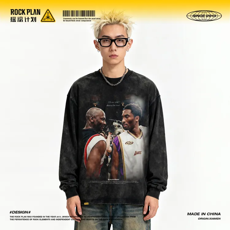 摇滚计划致敬科比mj美式复古宽松做旧男女同款纯棉圆领长袖t恤