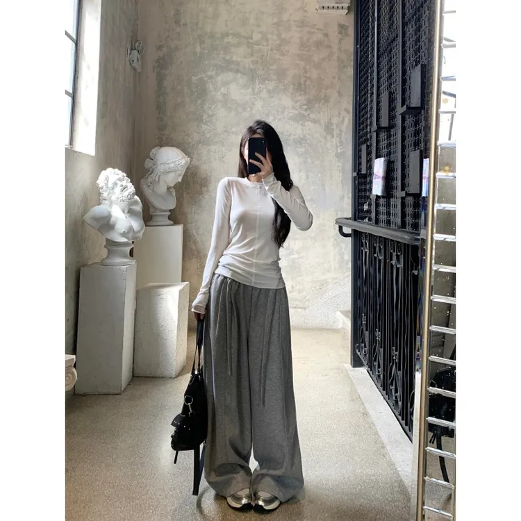 老钱风松弛气质纯色修身百搭长袖上衣秋季高腰复古垂感休闲长裤潮