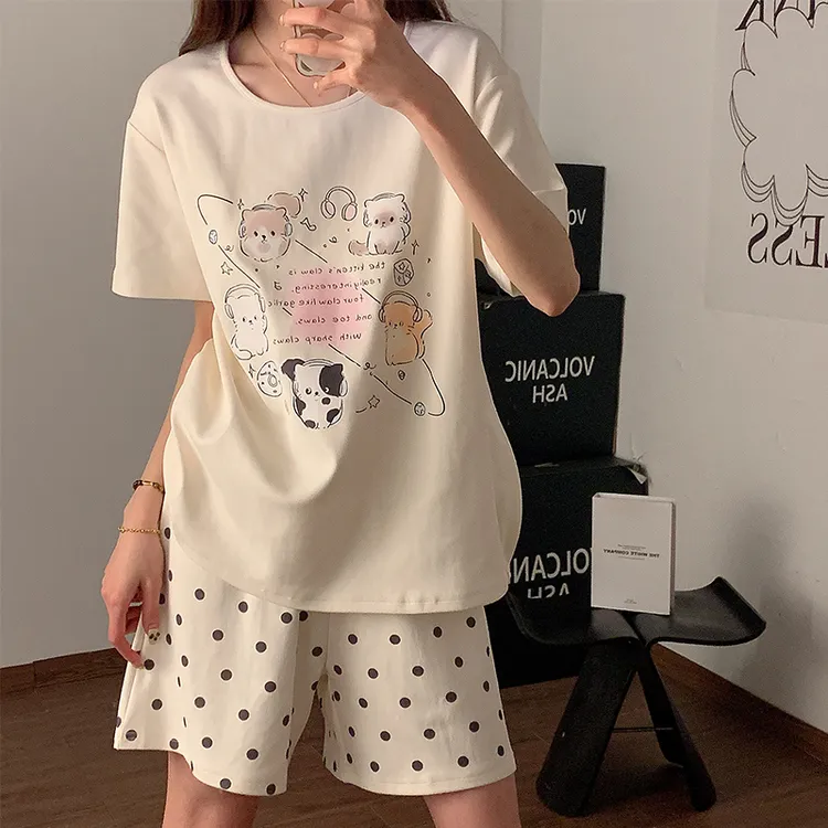 日系可爱猫咪睡衣女新款夏季短袖短裤学生休闲宽松舒适家居服套装