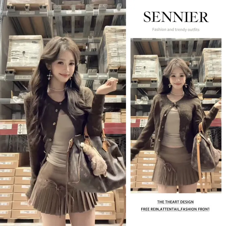 时尚穿搭女2025秋季新款长袖针织开衫吊带内搭显瘦百褶短裙三件套