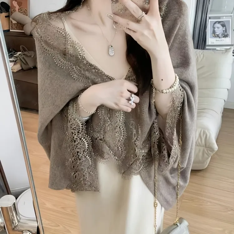 蕾丝花边羊毛针织开衫女披肩外搭秋冬围巾配旗袍连衣裙子外套罩衫