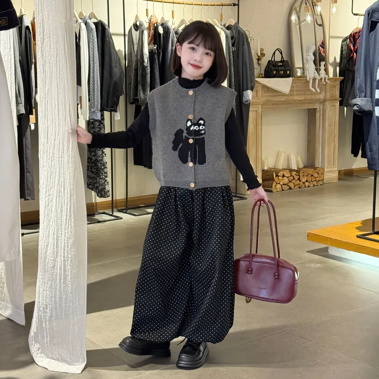 女童春秋马甲波点裤三件套2025新款女大童打底衫秋装波点阔腿裤潮
