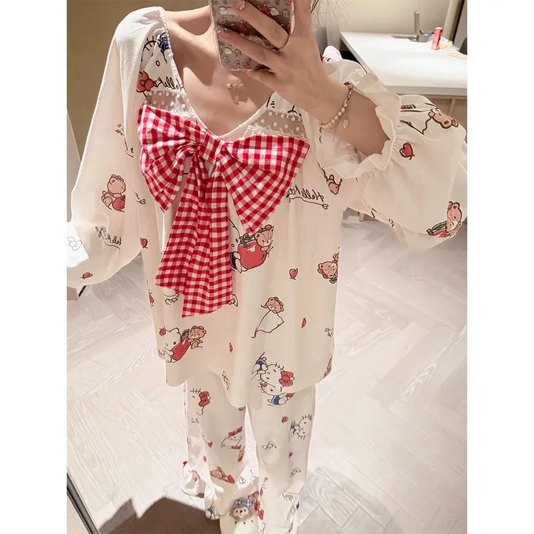 秋季韩版蝴蝶结超火kitty睡衣女夏季新款大码长袖薄款甜美家居服