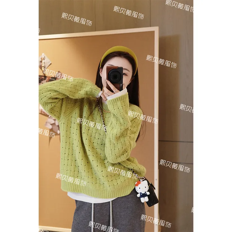 熙贝薇【方糖毛衣】绵羊毛镂空编织长袖毛衣遮肉显瘦针织衫 G5312