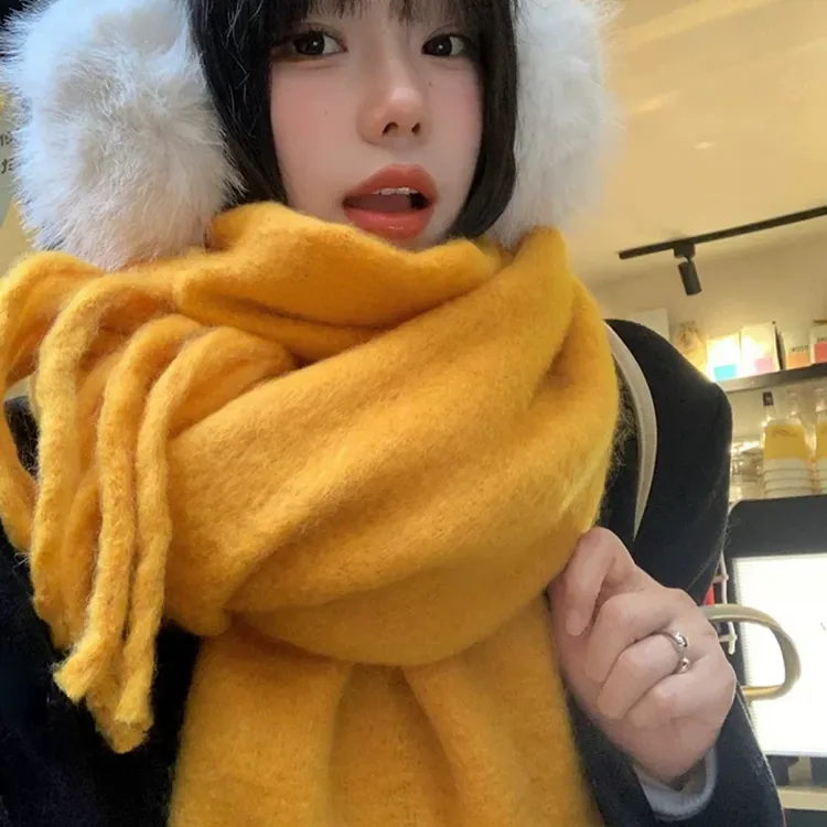 韩剧女主穿搭姜黄色厚款保暖情侣纯色围巾网红ins加厚学生围脖长