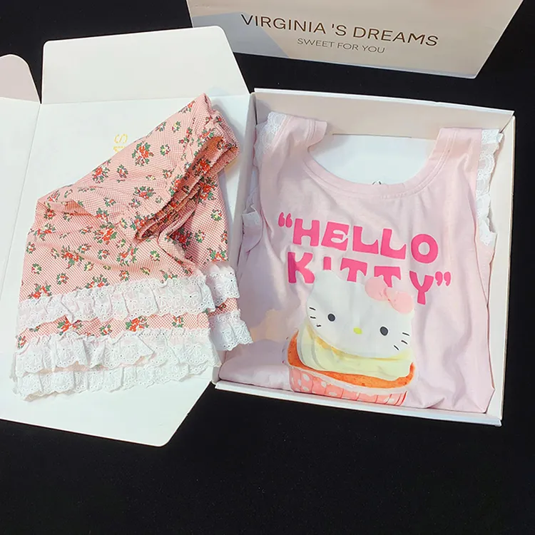 甜美可爱卡通睡衣女夏季背心短裤大码KT猫蕾丝花边碎花格子可外穿