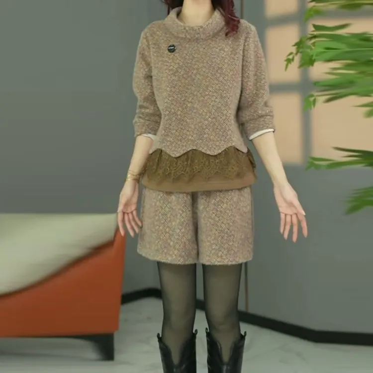 贵妃绒2025冬季新款时尚气质蕾丝宽松加厚加绒打底上衣裤子两件套