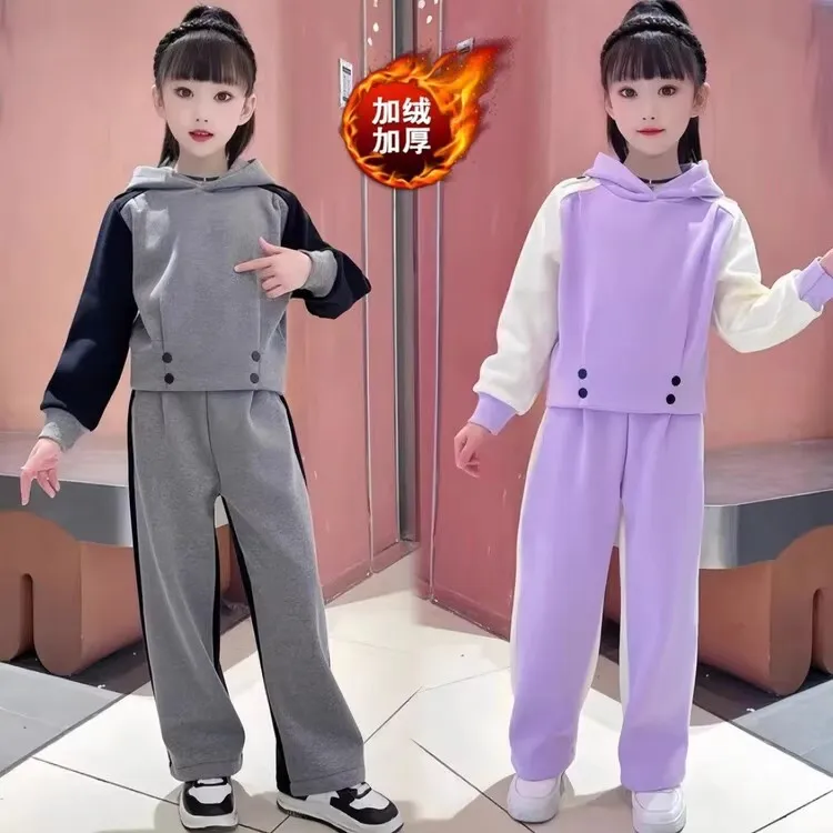 女童秋冬款加绒连帽运动卫衣套装2023新款大童冬季网红加厚两件套