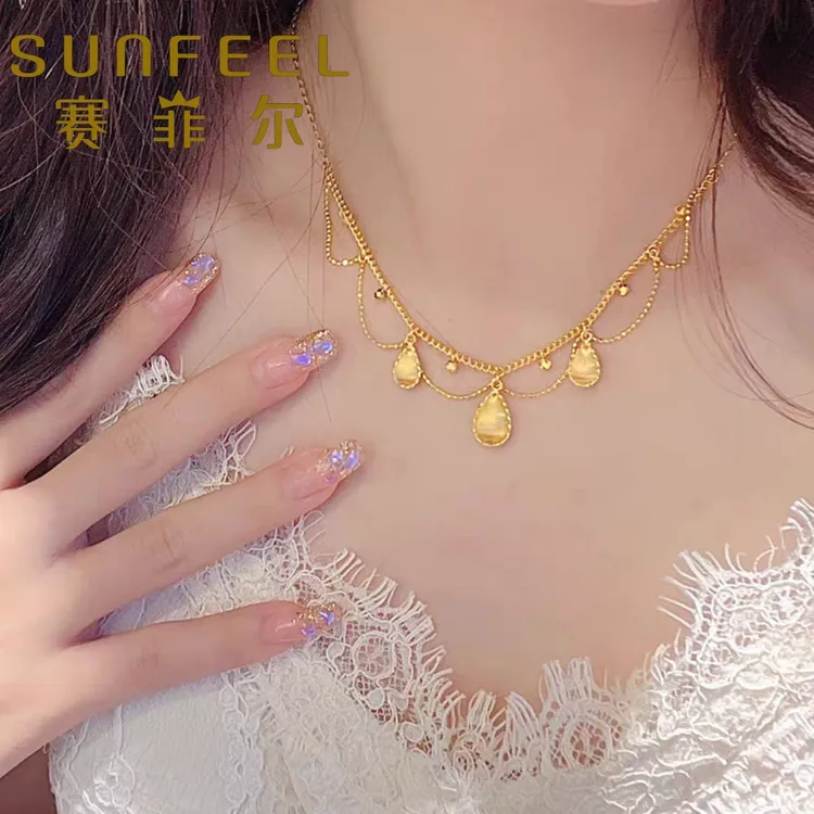 赛菲尔足金999蕾丝水滴黄金项链轻奢丝绸蹦迪珠套链女孩送礼物5G
