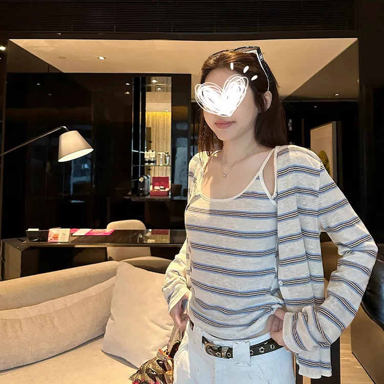 薄款撞色条纹针织内搭吊带背心长袖开衫两件套早秋新款上衣套装女