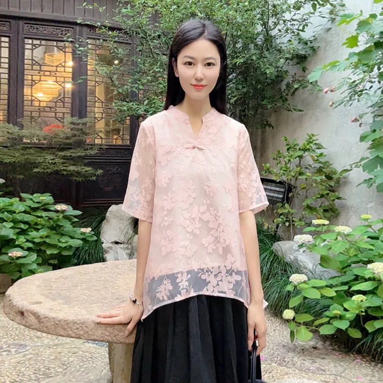 浒城古娘国风中式百搭减龄夏天手工盘扣短袖T衬衫上衣WH0500300