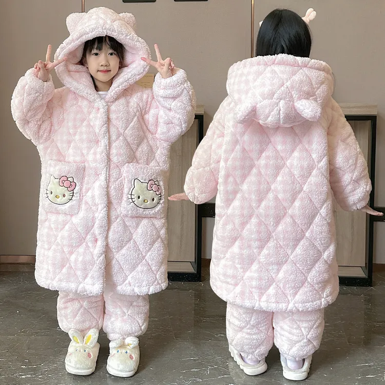 儿童三层夹棉冬季新款女童睡袍法兰绒睡衣加绒加厚母女连帽家居服