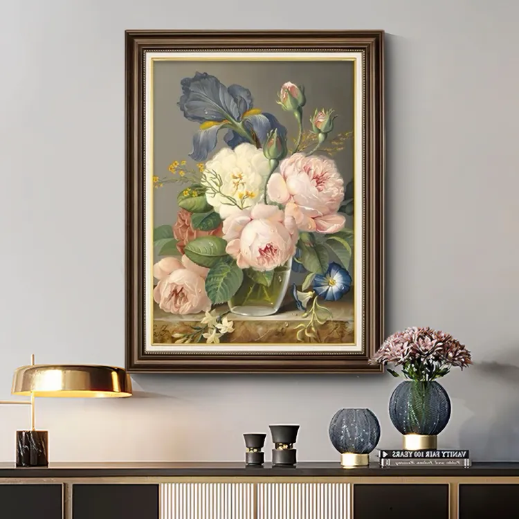 《瓶中牡丹》美式玄关入户挂画进门处背景墙装饰画餐厅复古油画壁画