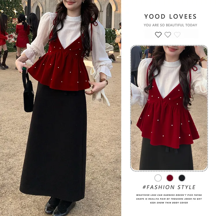 韩式搭配一整套新年红丝绒钉珠吊带背心叠穿衬衫百搭半身裙三件套